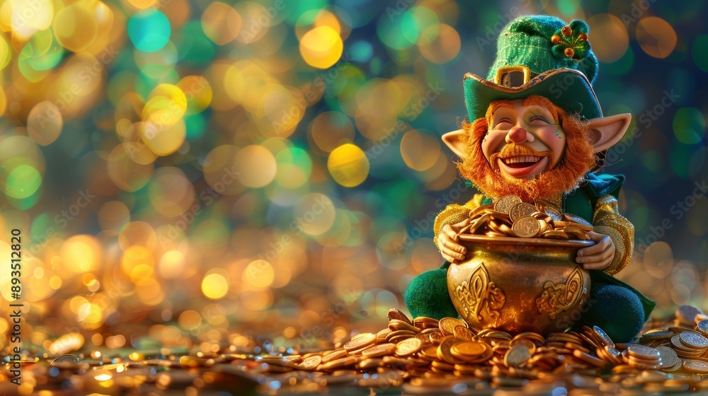 Fototapeta premium Cheerful leprechaun with a pot of gold and glitter at Happy St Patrick's Day