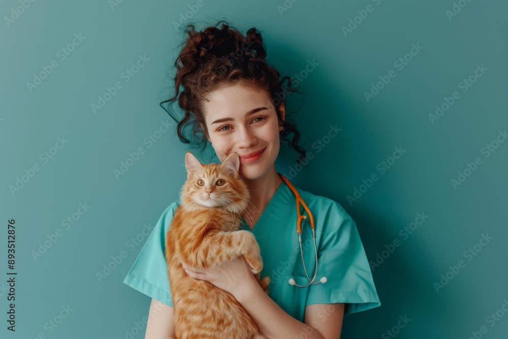 Female veterinarian holding a ginger kitten against a turquoise background. Feline health care and veterinary services. Female veterinarian holding a ginger kitten against a turquoise background. Feline health care and veterinary services.