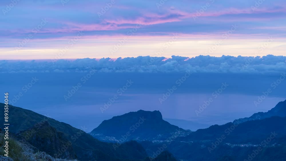 Pico do Arieiro at Sunrise. Fiery Clouds on Sky, Mountains and Atlantic Ocean. Madeira, Portugal. Time Lapse Pico do Arieiro at Sunrise. Fiery Clouds on Sky, Mountains and Atlantic Ocean. Madeira, Portugal. Time Lapse