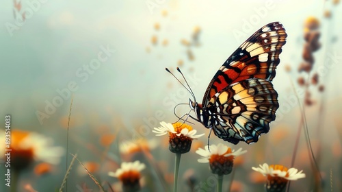 Illustration of a butterfly in a meadow with ample copy space, vibrant colors, and professional design photo