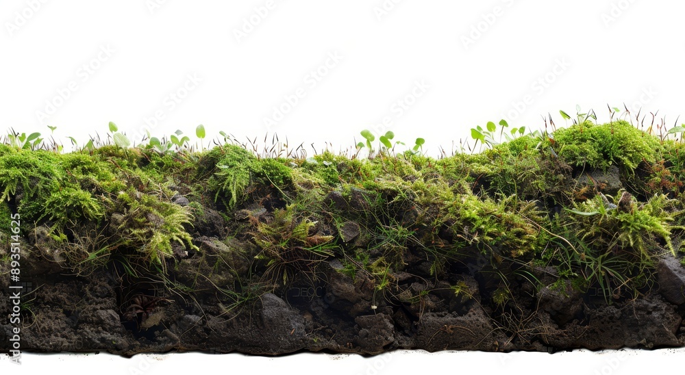 An isolated white background with green moss on soil and a pile of dirt with grass An isolated white background with green moss on soil and a pile of dirt with grass