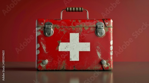 Vintage first aid kit on red background. The well-worn metal box has a white cross symbol in the center. It depicts a retro health and medical style, suitable for emergency and medical purposes. AI photo