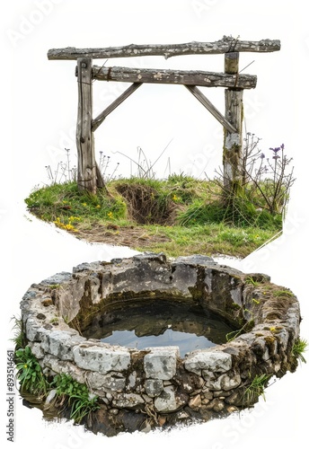 An isolated white background shows an old, rusted metal spring photo