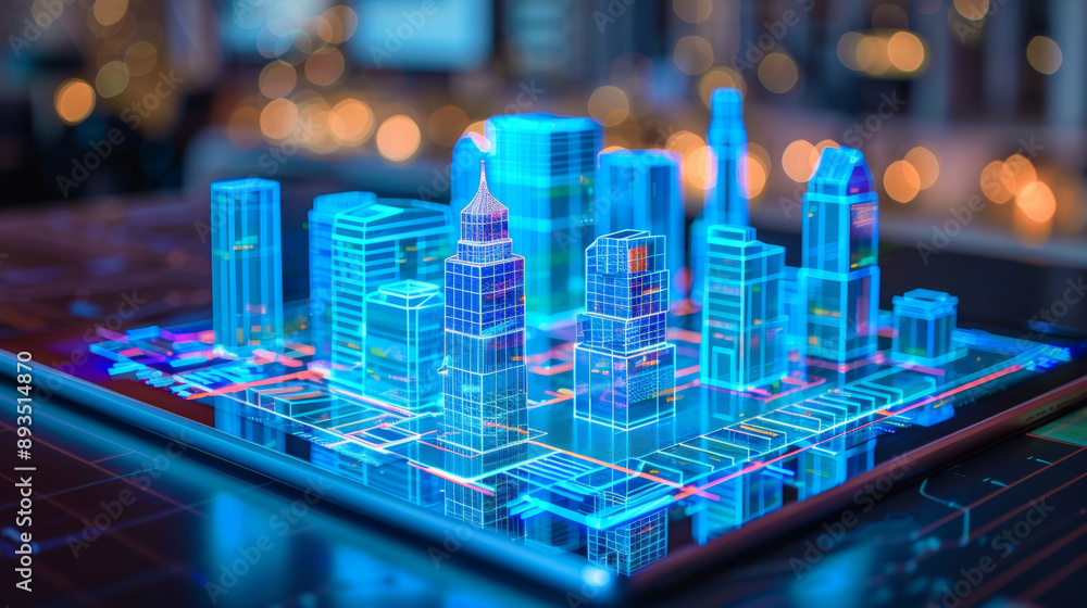 blue digital building and architectures models on the table, digital city illustration design blue digital building and architectures models on the table, digital city illustration design