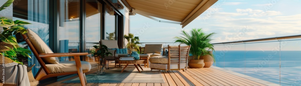 Modern outdoor terrace with ocean view and comfortable seating. Modern outdoor terrace with ocean view and comfortable seating.
