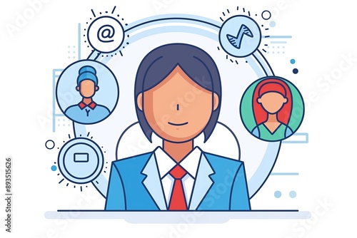 Tech support. Professional. An icon of an avatar female business manager. Vector illustration of a customer service team members. Cartoon silhouette of a person wearing a blue suit and red tie