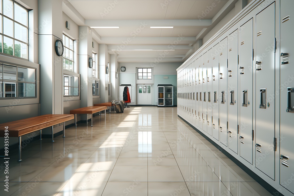 Fototapeta premium Interior of a school corridor with lockers, 3d render