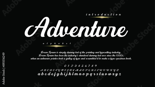 Adventure elegant alphabet letters and numbers. Vintage wedding typography classic serif font decorative vintage concept. Creative vector illustration