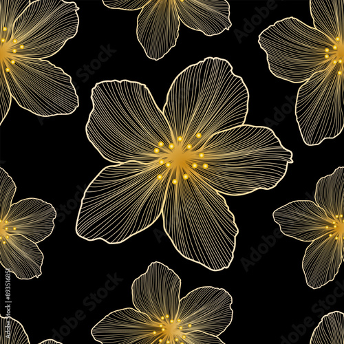 Seamless patterns with golden color graphic designs of flowers and minimalistic line drawings. Vector illustration.