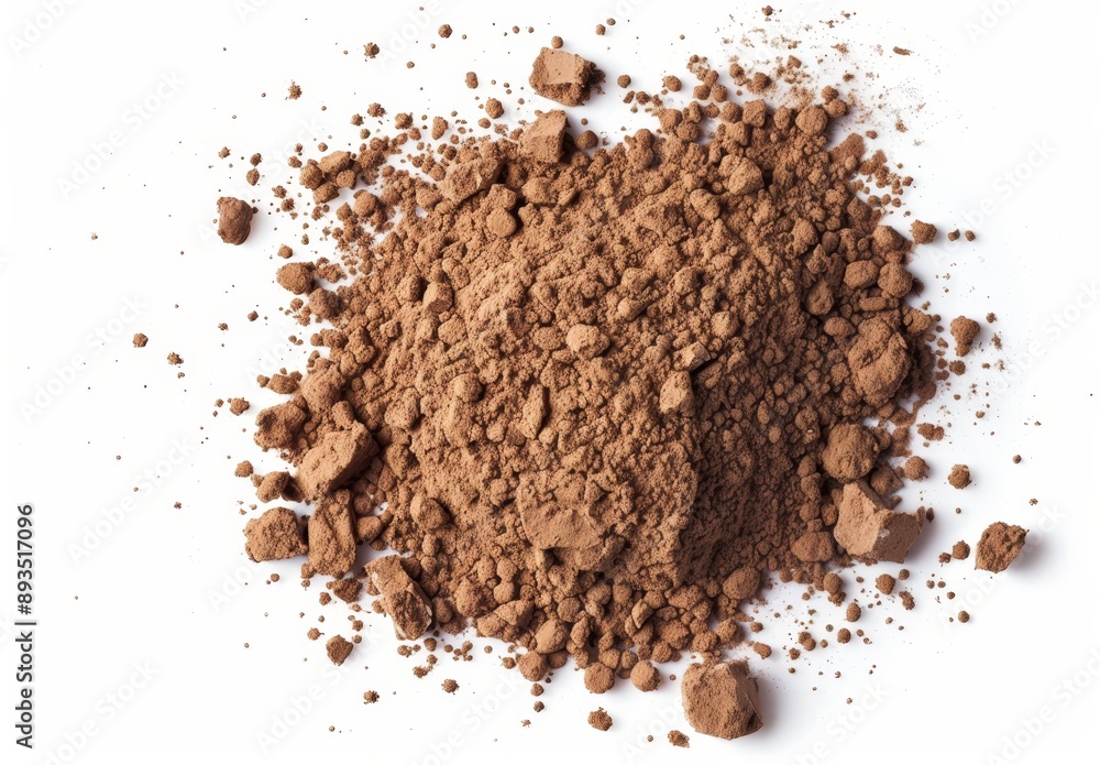 A pile of cocoa powder is isolated on a white background, viewed from the top A pile of cocoa powder is isolated on a white background, viewed from the top