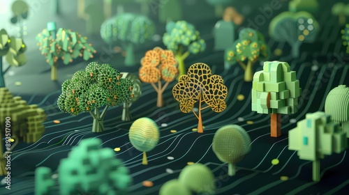 financial ecosystem depicted as a digital forest, where each tree represents a different financial service in investment banking