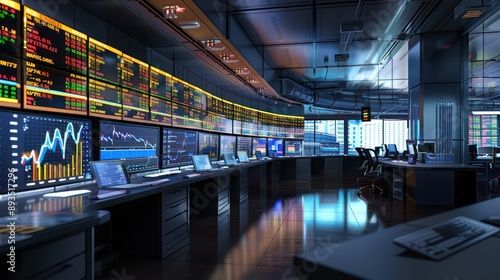 financial war room depicted as a high-tech command center, with screens showing live feeds of stock performances and market predictions