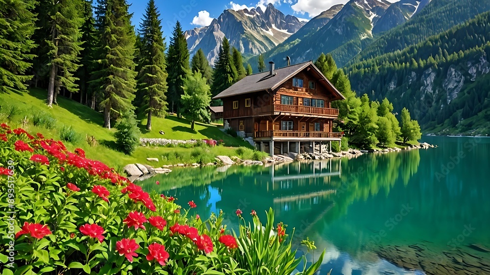 Fototapeta premium A picturesque cabin nestled on the shore of a pristine lake, surrounded by lush greenery and towering mountains.
