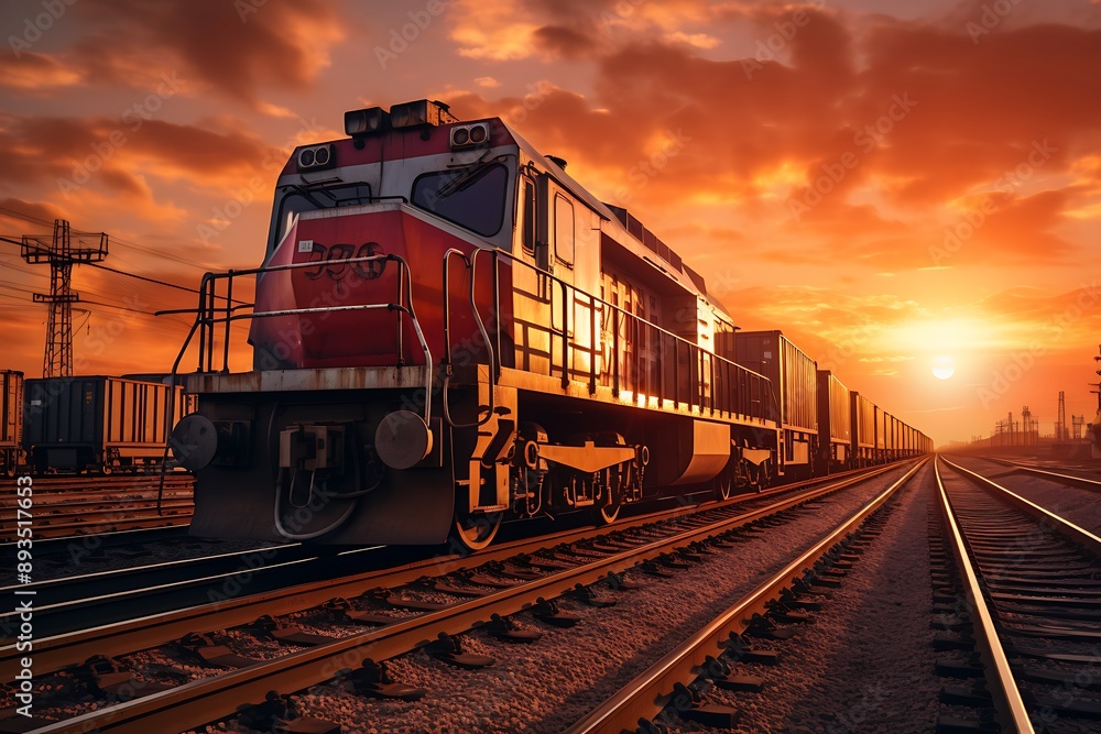 Obraz premium Freight train at sunset. Freight transportation of goods by rail.