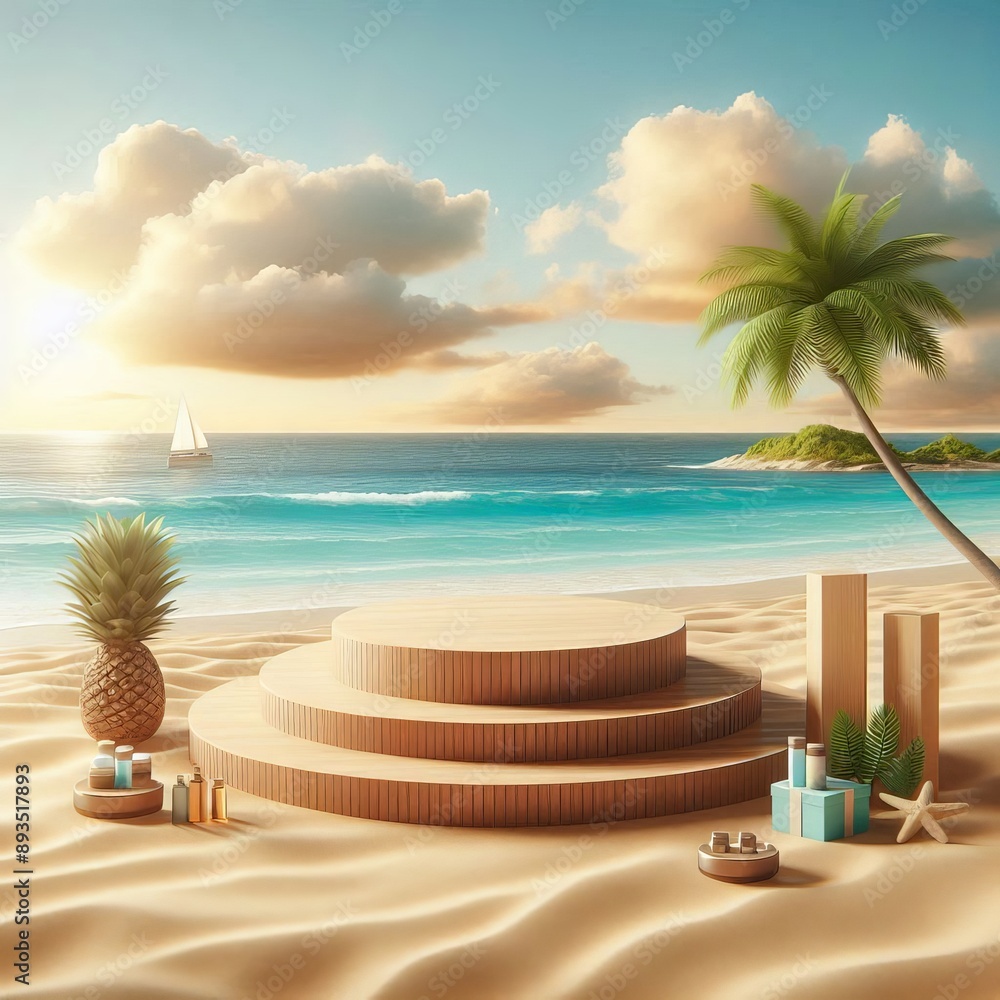 Obraz premium Beach podium summer background sand product 3D sea display platform. Beach podium summer banner stand scene sale sky holiday vacation stage water island sun travel pedestal promotion presentation ad