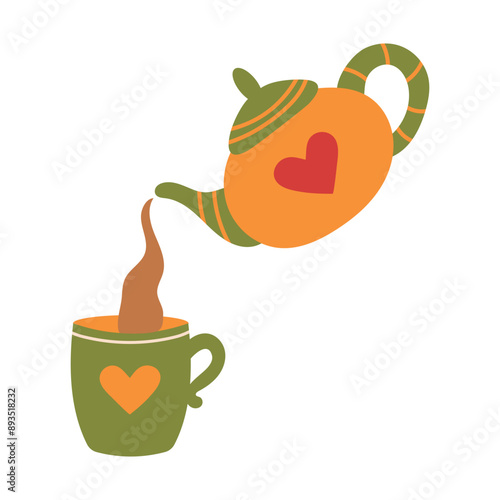 Pour tea from an orange teapot with a heart into a cup. Drops of liquid pour into a cup