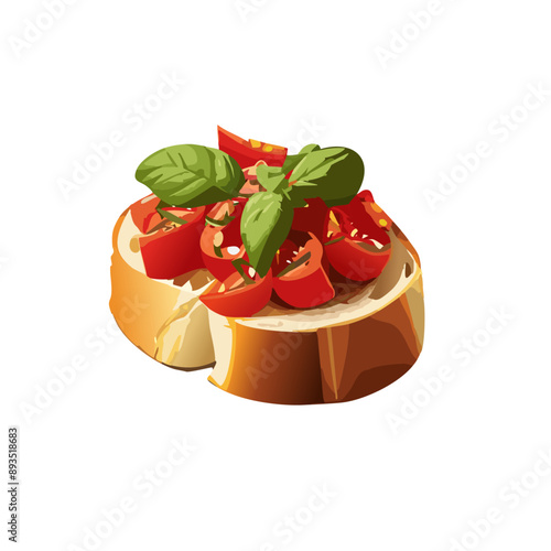 Bruschetta with Tomato and Basil on Round Bread Vector Art