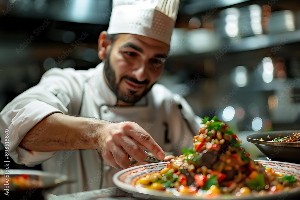 Chef Finishing a Dish in a Restaurant Kitchen Photo Chef Finishing a Dish in a Restaurant Kitchen Photo