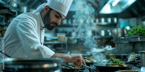 Chef in a Commercial Kitchen Cooking with Smoke