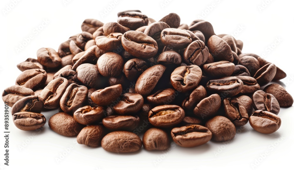 A pile of coffee beans is isolated on a white background and has a texture A pile of coffee beans is isolated on a white background and has a texture