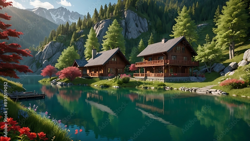 A picturesque cabin nestled on the shore of a pristine lake, surrounded by lush greenery and towering mountains. A picturesque cabin nestled on the shore of a pristine lake, surrounded by lush greenery and towering mountains.