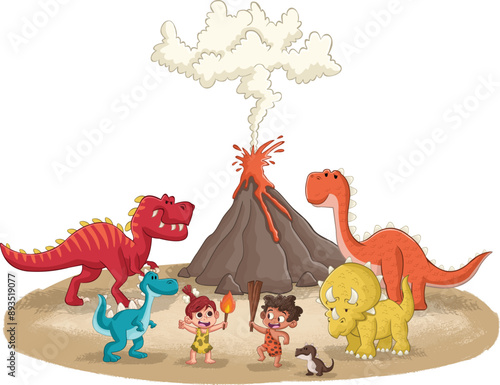 Cartoon cavemen in front of a cave with dinosaurs. Stone age people.
