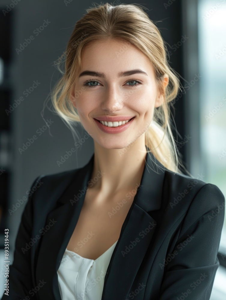 A professional woman wearing a business suit smiles directly at the camera, conveying confidence and positivity A professional woman wearing a business suit smiles directly at the camera, conveying confidence and positivity