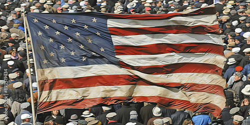 A Nation United: An American flag waves amidst a crowd of people joyfully celebrating election results photo