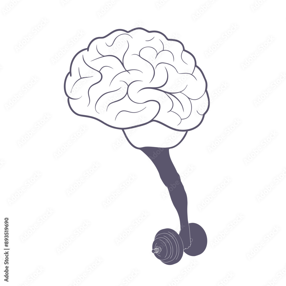 Brain connected with hand holding dumbbell for healthy lifestyle and wellbeing. Productivity, effectiveness. Intelligence and knowledge development with brain performance. Thoughts, and idea pumping Brain connected with hand holding dumbbell for healthy lifestyle and wellbeing. Productivity, effectiveness. Intelligence and knowledge development with brain performance. Thoughts, and idea pumping