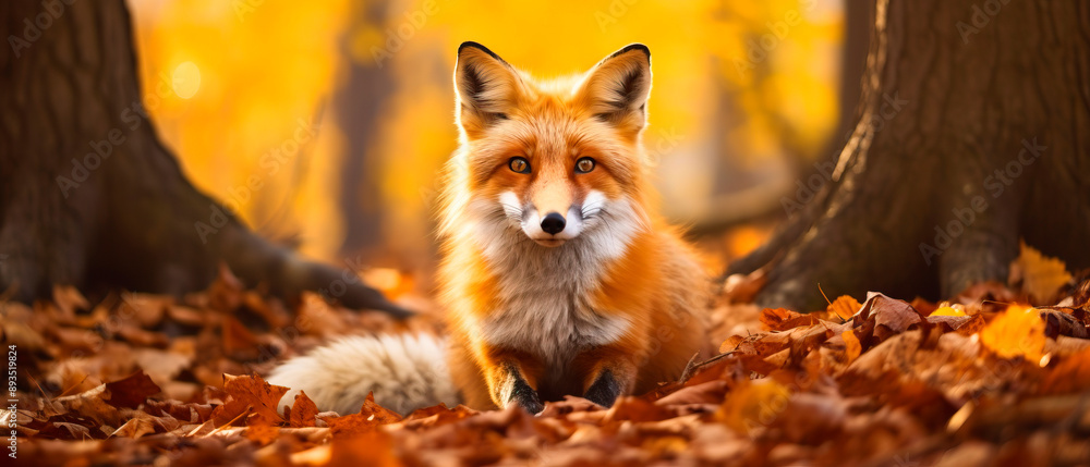 Fototapeta premium a red fox is standing in a pile of autumn leaves