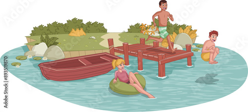 Group of teenagers jumping from wooden pier into the water. Kids having fun jumping in the lake water.