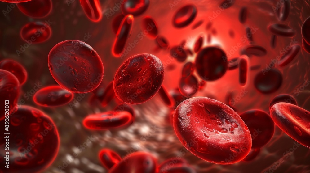 Red blood cells in vein. Blood cells flowing through a capillary bloodstream. Medicine and biology Red blood cells in vein. Blood cells flowing through a capillary bloodstream. Medicine and biology