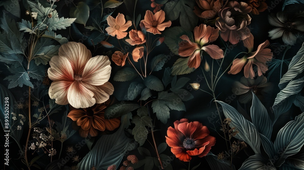 Elegant dark floral pattern with various blossoms and leaves. This artistic botanical print has a vintage feel. Elegant dark floral pattern with various blossoms and leaves. This artistic botanical print has a vintage feel.