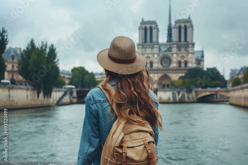 Seen from behind stylish solo tourist woman in hat in Paris, France sightseeing. ai generated