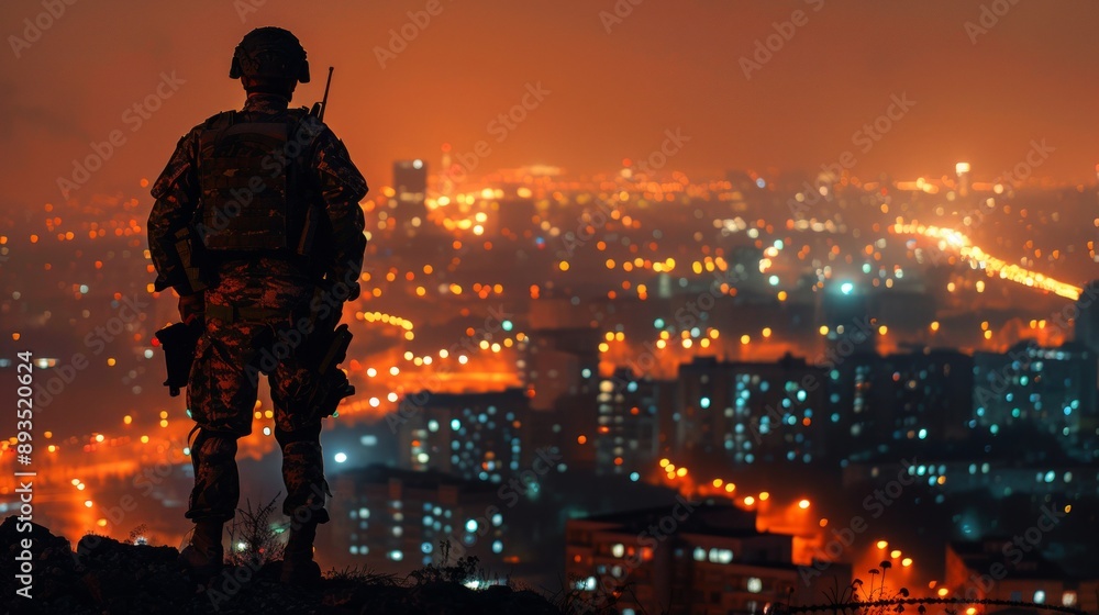 Soldier overlooking cityscape at night Soldier overlooking cityscape at night