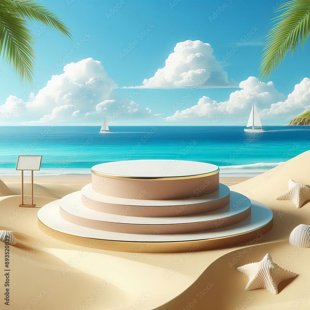 Obraz premium Beach podium summer background sand product 3D sea display platform. Beach podium summer banner stand scene sale sky holiday vacation stage water island sun travel pedestal promotion presentation ad
