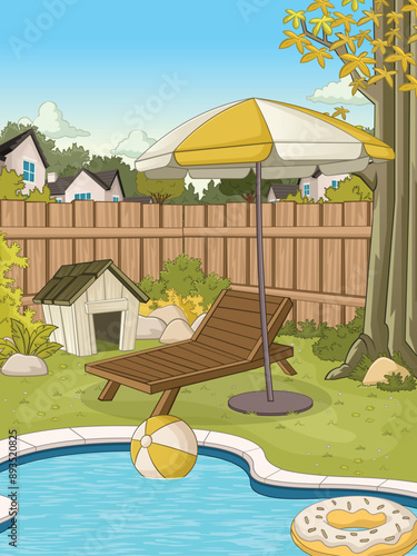 Cartoon backyard pool. Suburb backyard with swimming pool.