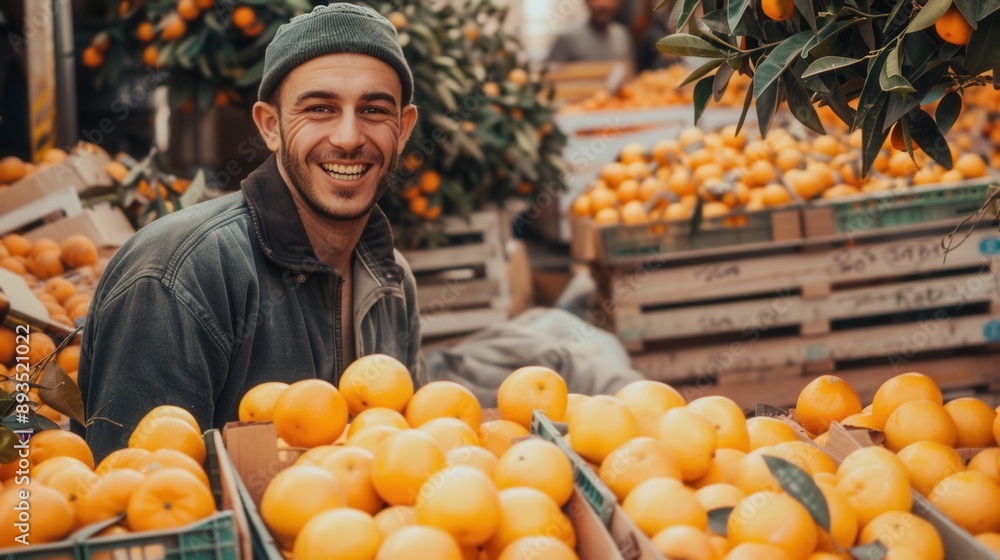 Portrait of smiling farmer with fresh orange fruit in store Portrait of smiling farmer with fresh orange fruit in store