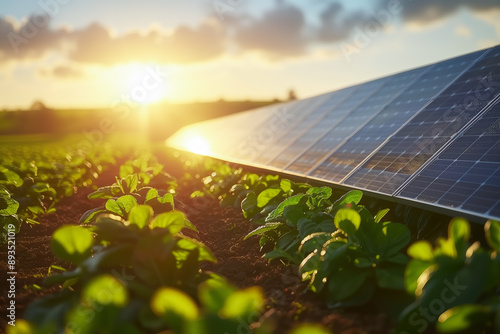 Solar panels in agricultural field at sunrise