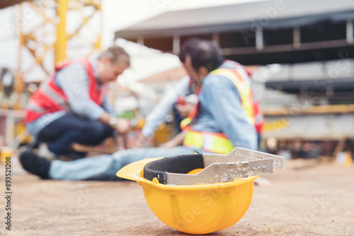 Construction builder worker accident at construction site. Industrial accident concept. Health safe of work and safety first concept