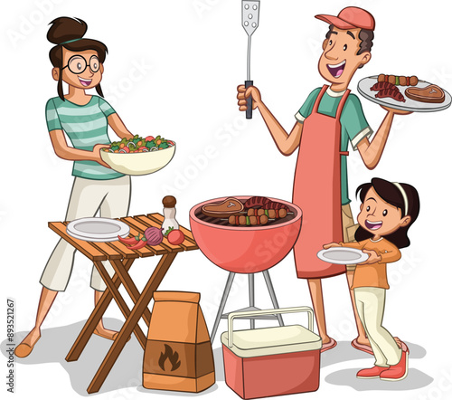 Cartoon family around a barbecue grill with meat. 
