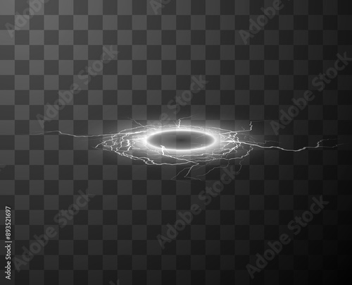 Realistic thunderbolt white bolt lightning circle effect, vector electricity blast ring, magical ring portal light rays