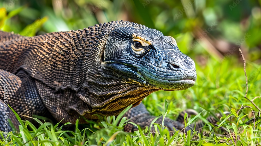A large black lizard is sitting in the grass. A large black lizard is sitting in the grass.