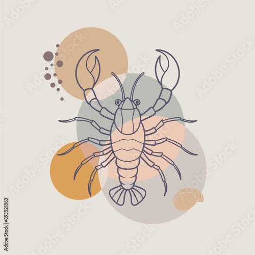 Lobster or crayfish drawn by graphic lines on blobs background. Seafood shop logo, signboard, restaurant menu, fish market, banner, poster design template. Fresh seafood or shellfish product.