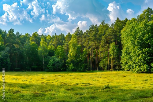 Fototapeta Naklejka Na Ścianę i Meble -  A large green field with trees and clouds in the background.