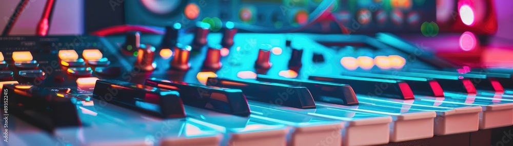 Drum machine in a digital sound environment, electronic beats and spatial audio effects blending, futuristic music setup Drum machine in a digital sound environment, electronic beats and spatial audio effects blending, futuristic music setup