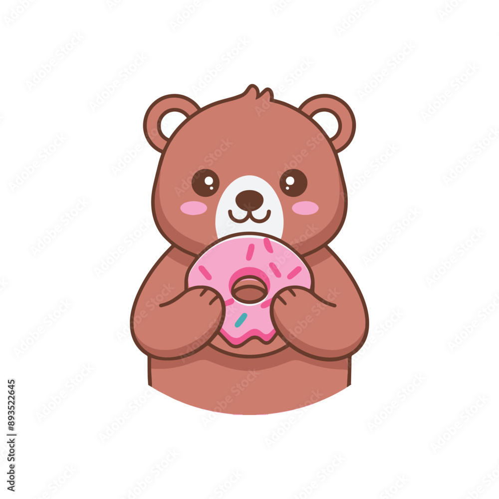 Simple illustration of cute bear eating a doughnut with icing and sprinkles Simple illustration of cute bear eating a doughnut with icing and sprinkles