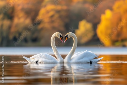 Fototapeta Naklejka Na Ścianę i Meble -  Two swans facing each other, forming a heart shape with their necks on a calm lake, surrounded by autumn colors.