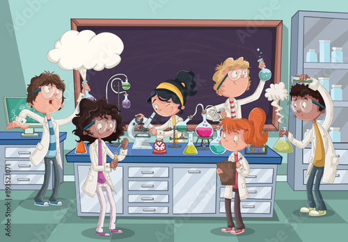 Cartoon students doing research with chemical fluid in the laboratory. Chemis...