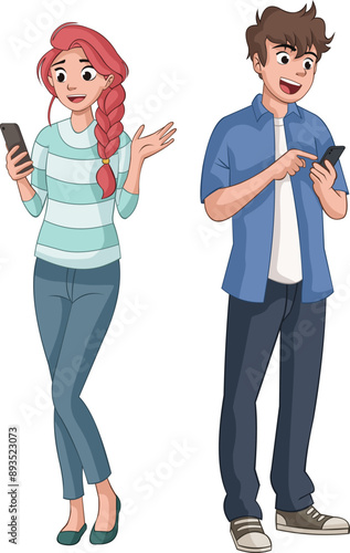 Cartoon teenagers using smart phone. People typing on phone screen.
